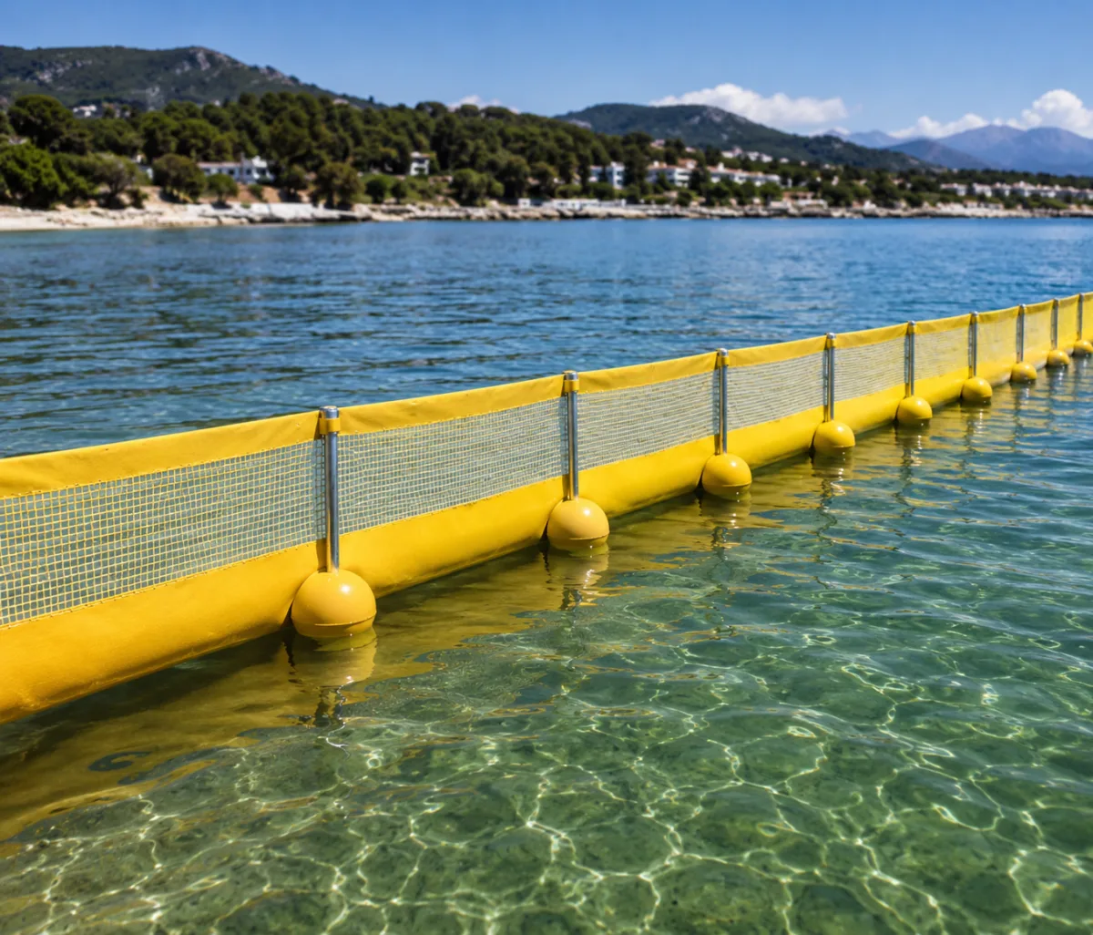 Barrera de contención flotante amarilla en una bahía