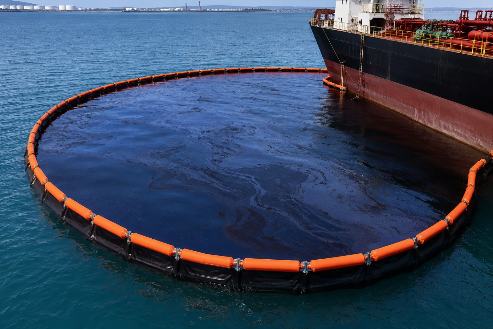 Barrera de contención de hidrocarburos rodeando un petrolero