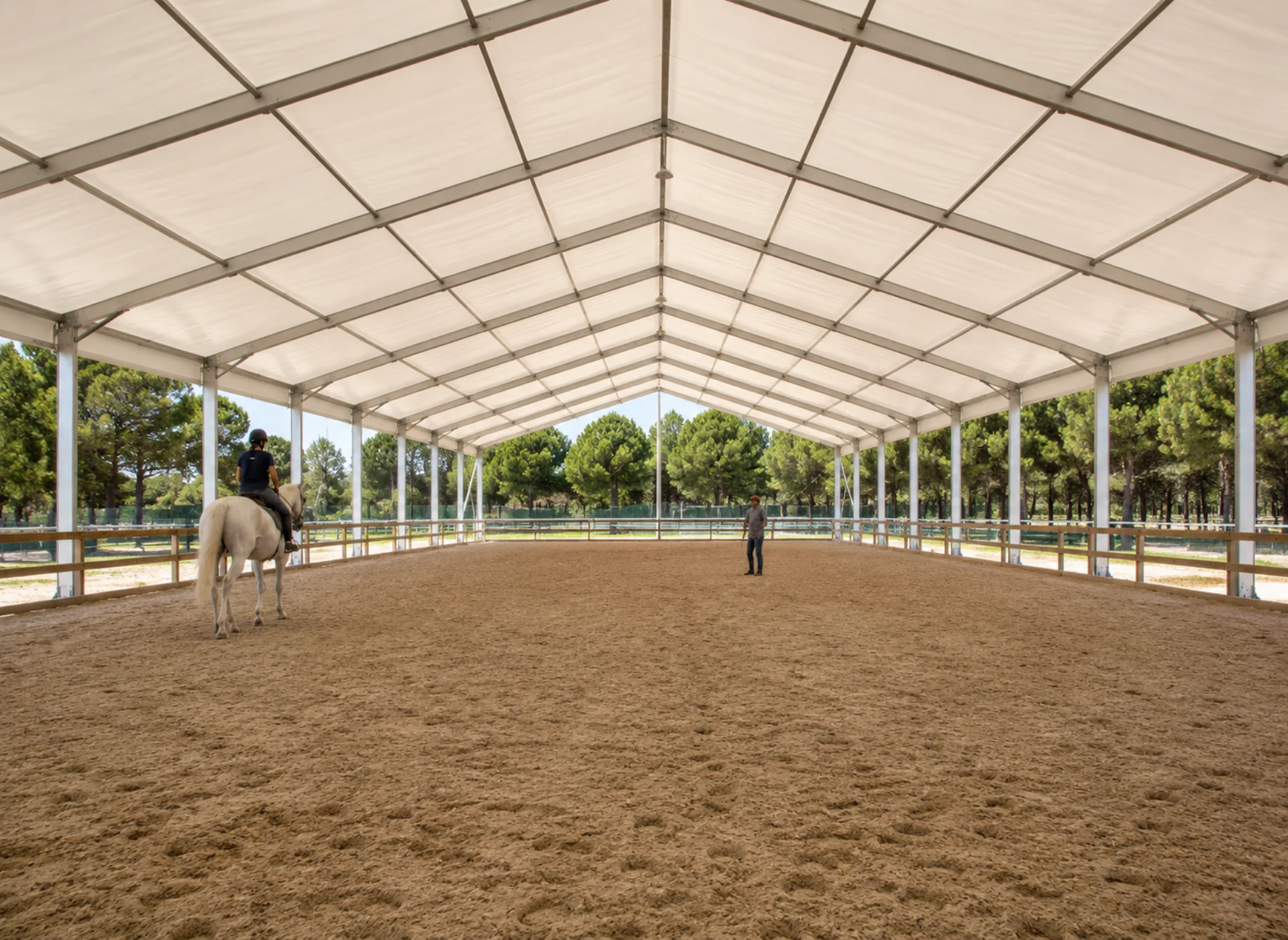 Pista de hípica cubierta con techo a dos aguas y caballo en pista