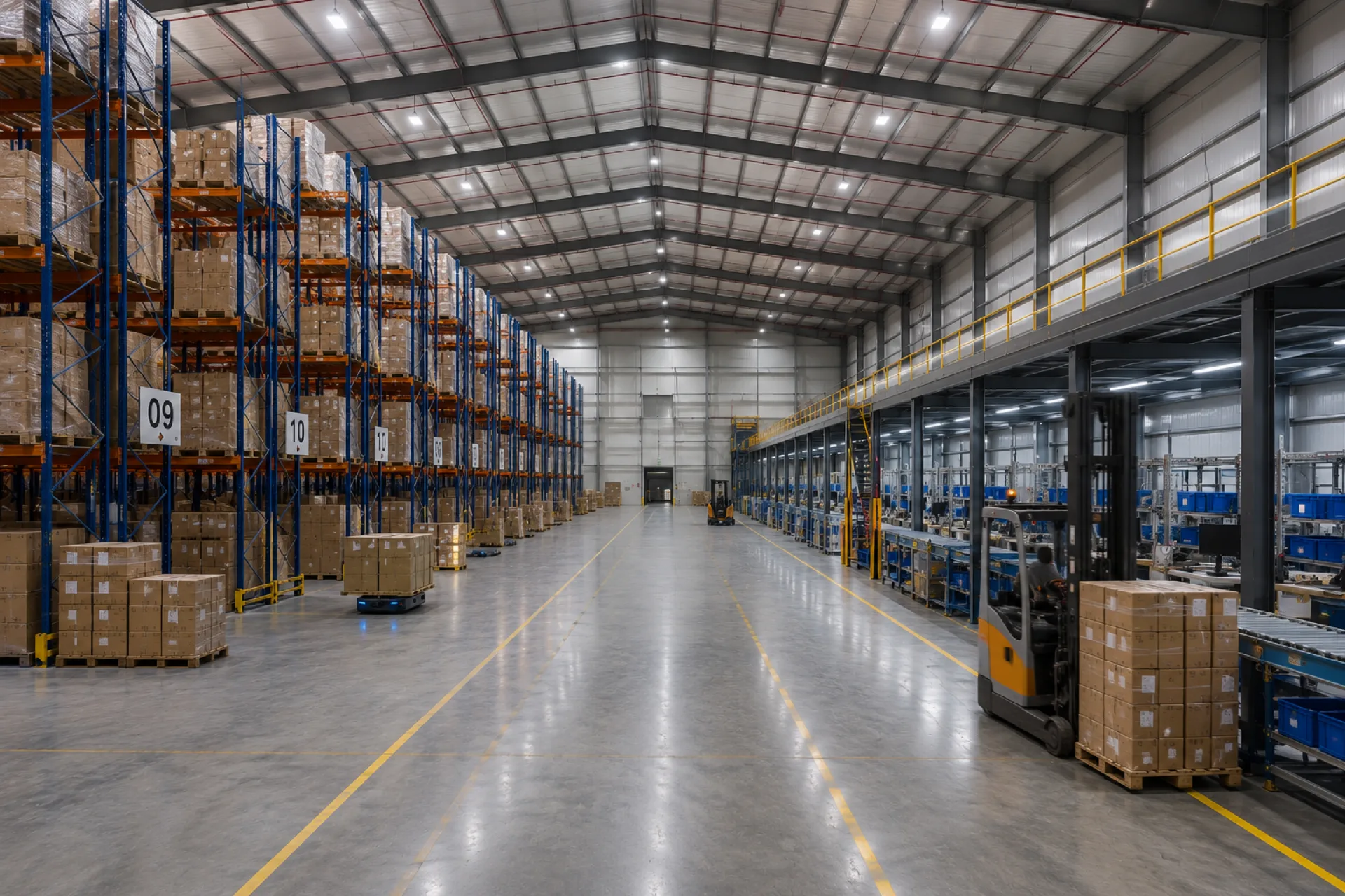 Almacén de distribución con estanterías de racking y pasillos de picking