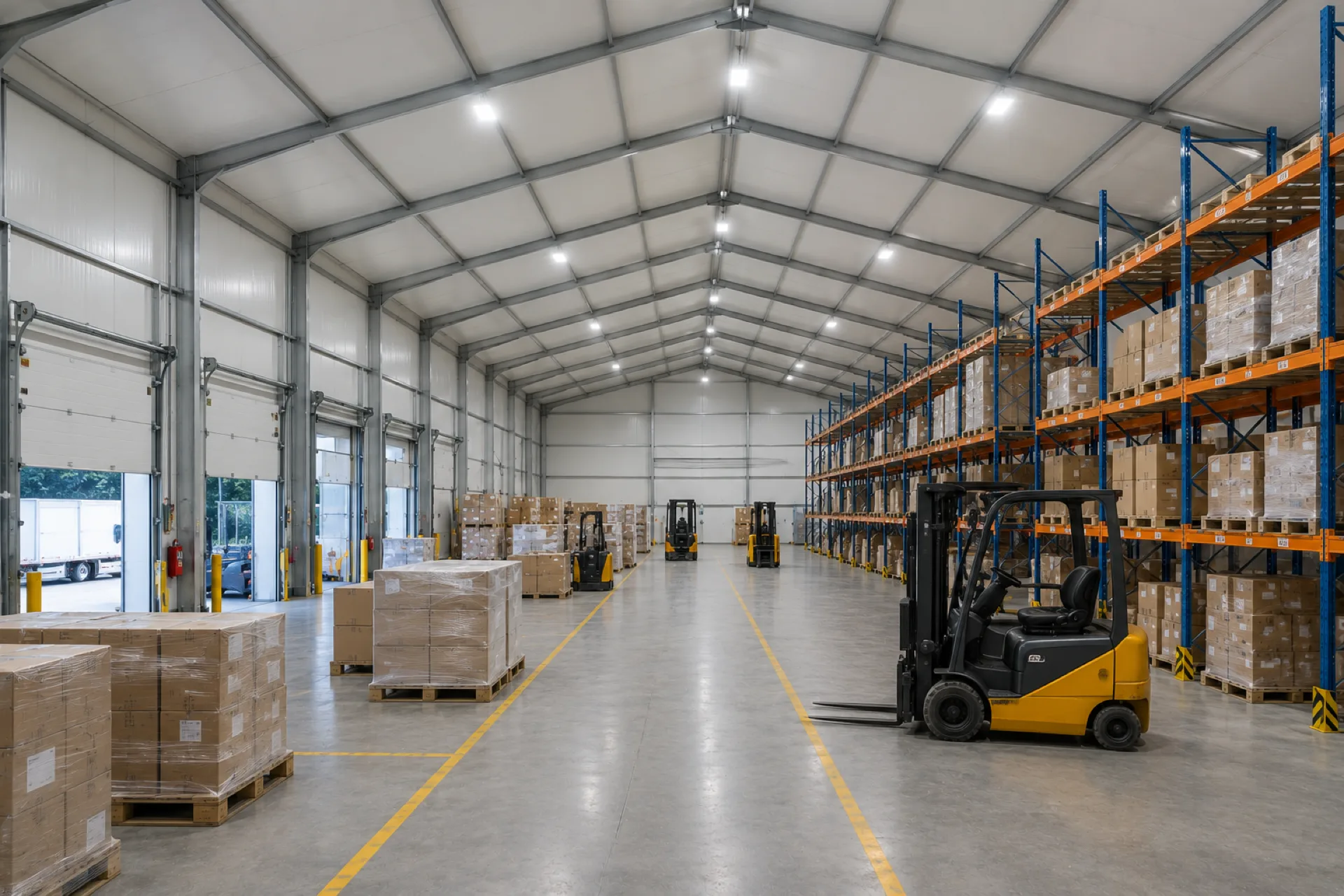 Interior de nave logística con racking, forklift y muelles de carga
