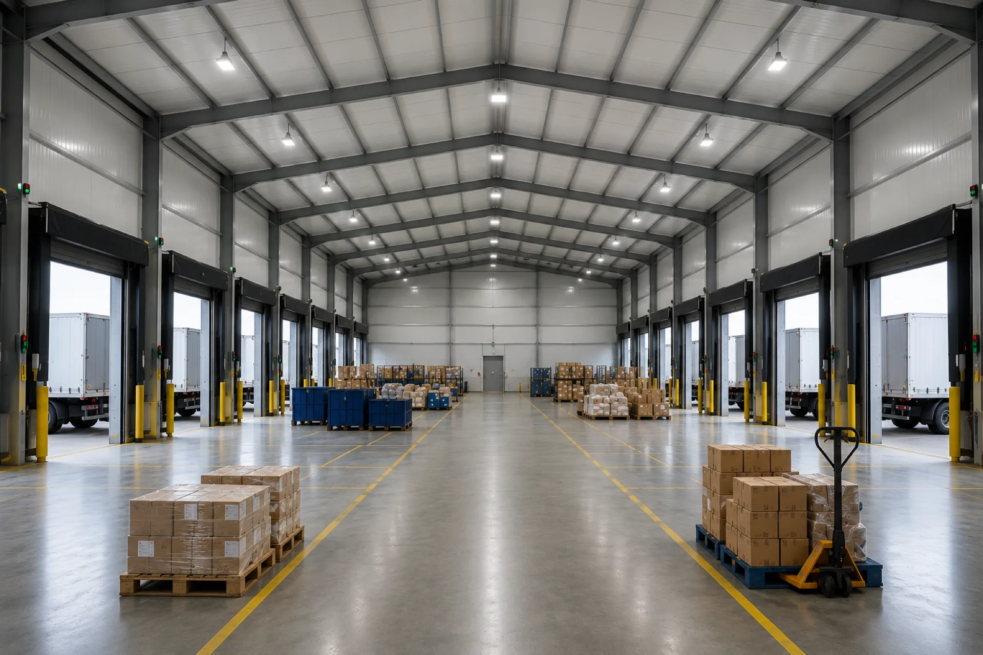 Interior de nave crossdocking para logística con muelles laterales