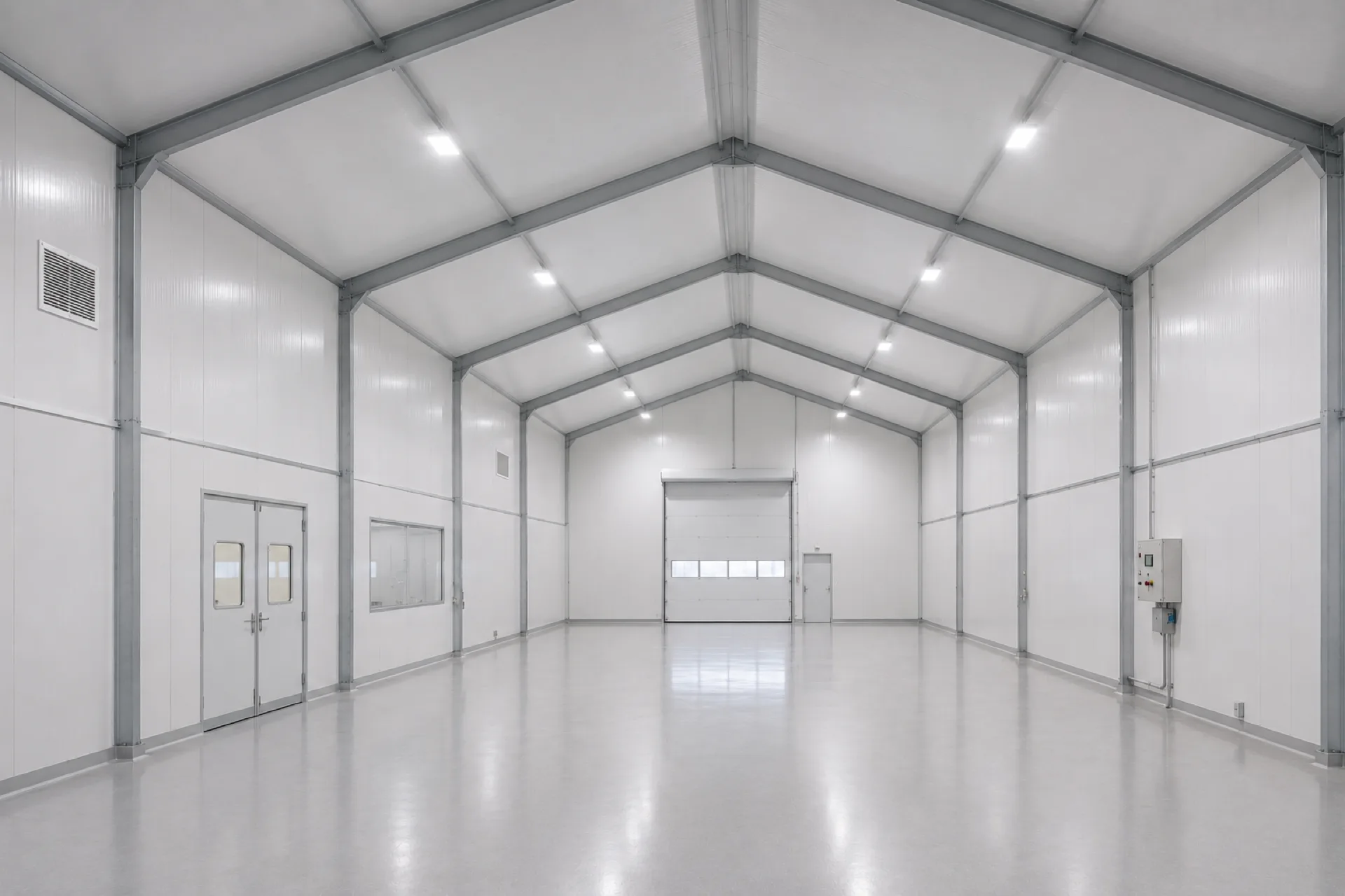 Interior de nave aislada con paneles sándwich para producción controlada