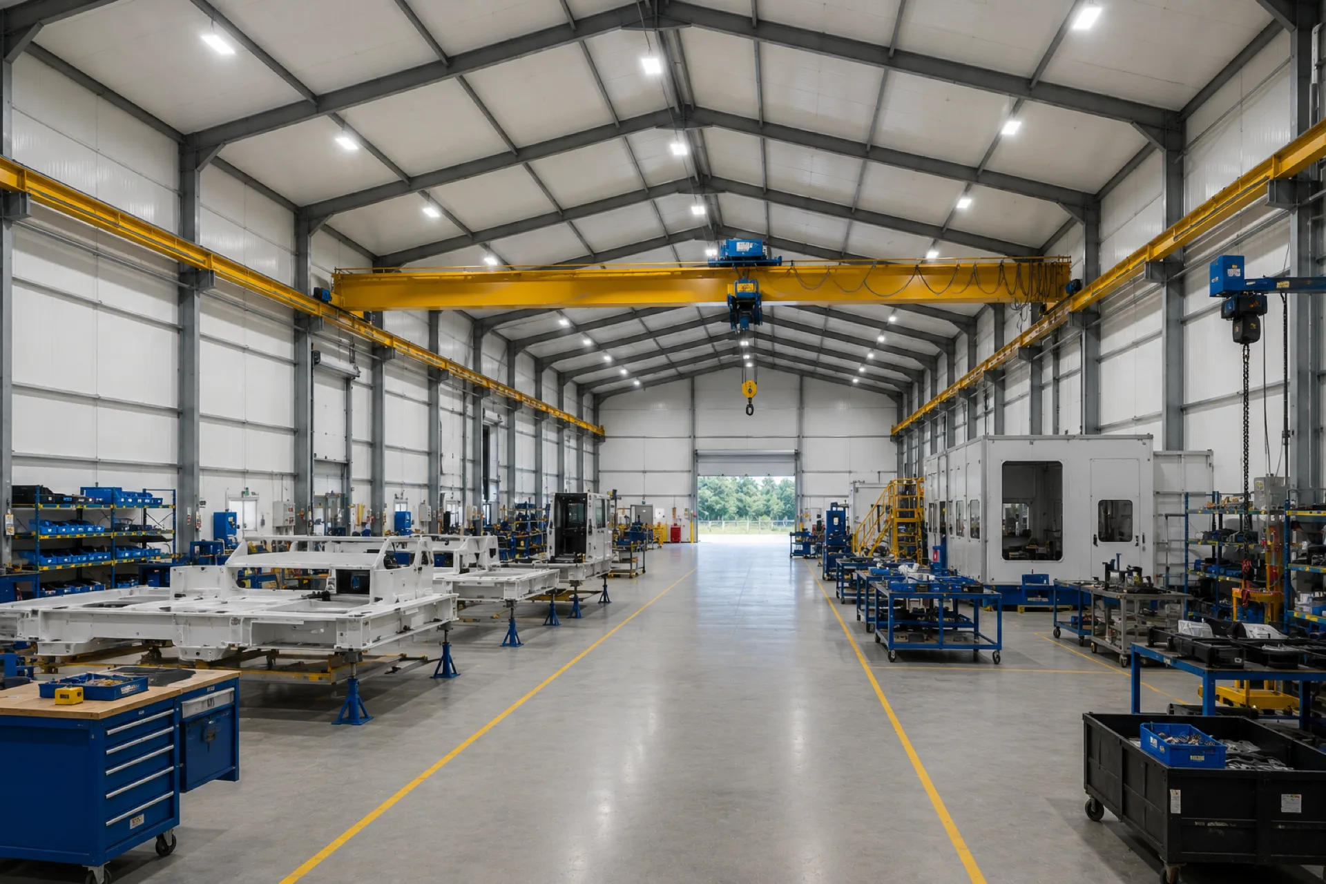 Nave de montaje industrial con puente grúa y líneas de producción