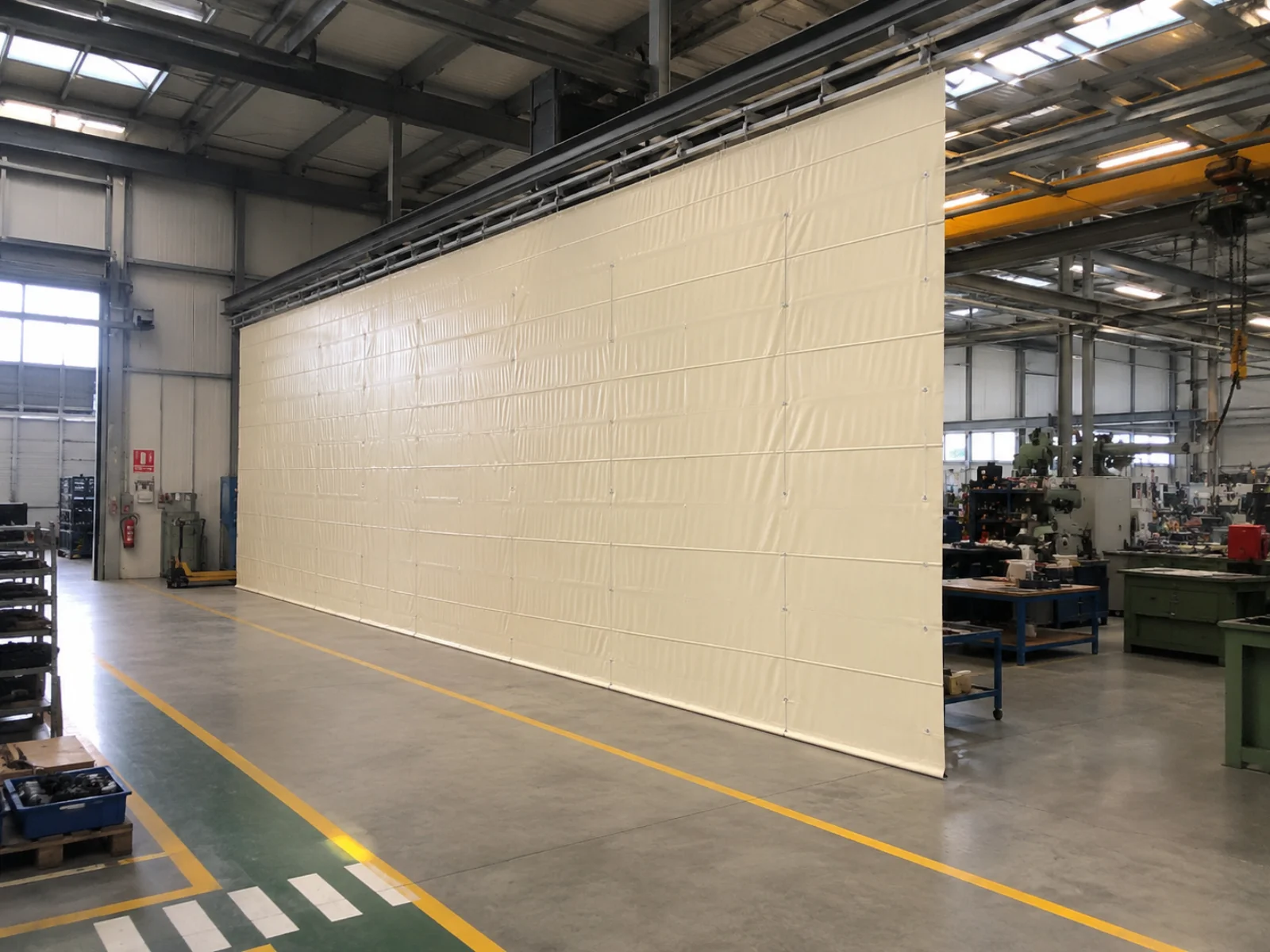 Cortina divisoria textil de gran formato en nave industrial