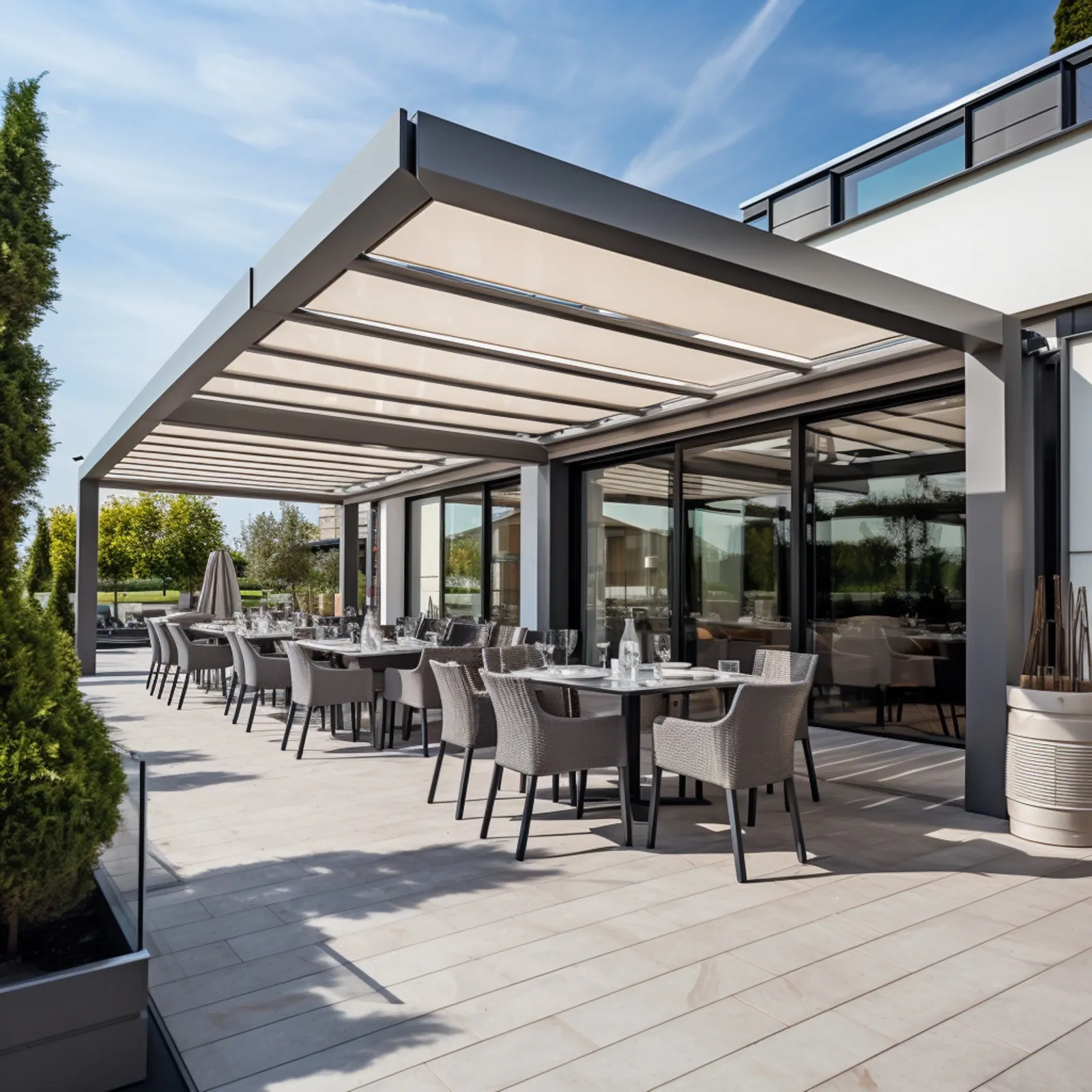 Pérgola moderna en terraza de restaurante para hostelería